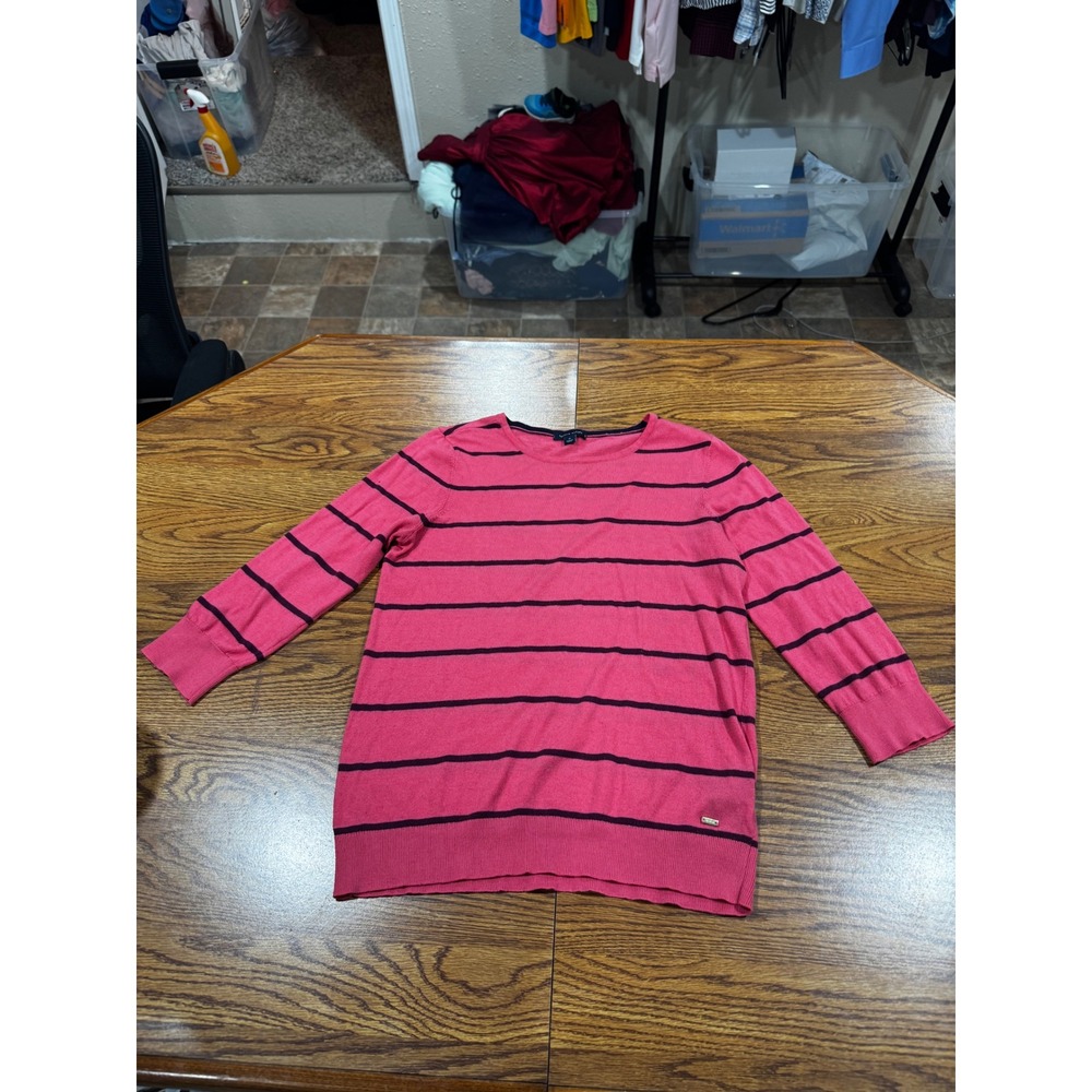 Tommy‎ Hilfiger Pink Purple Striped Knit Sweater Crew Neck Womens Medium 1H18